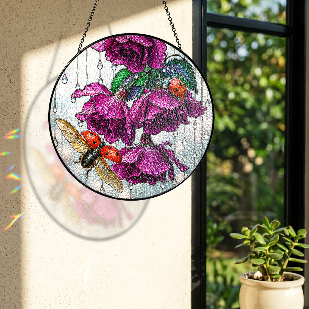 Ladybug & Magenta Roses Stained Glass Suncatcher