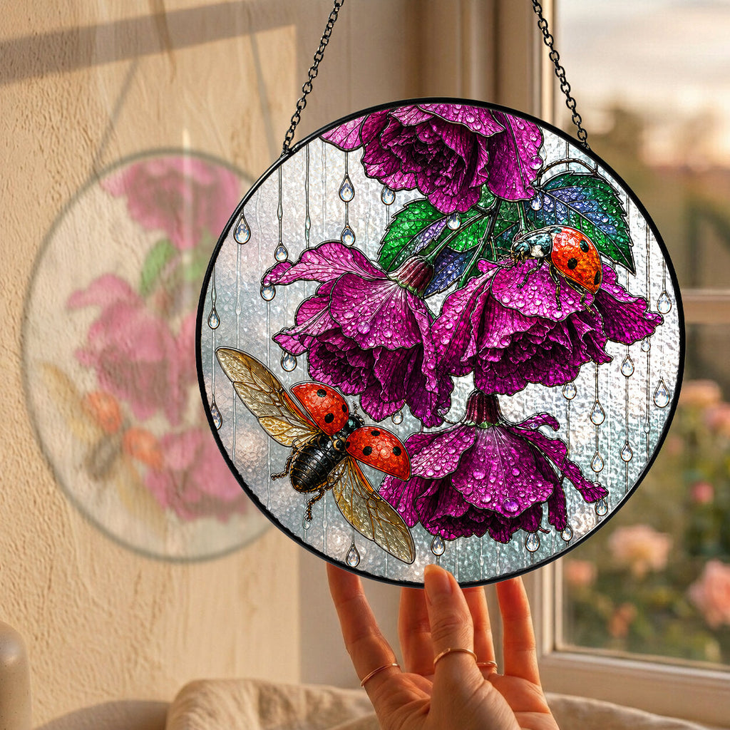 Ladybug & Magenta Roses Stained Glass Suncatcher