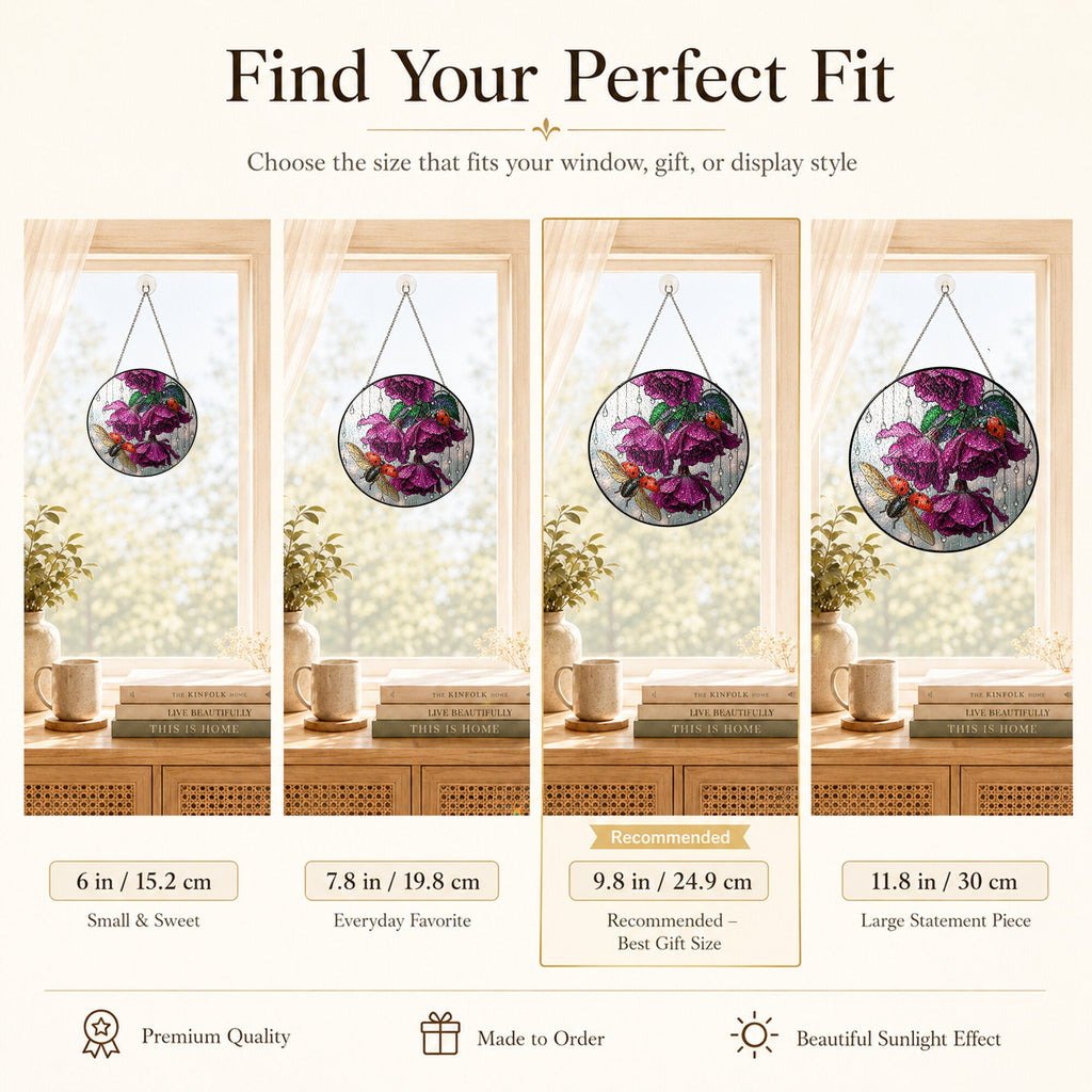 Ladybug & Magenta Roses Stained Glass Suncatcher