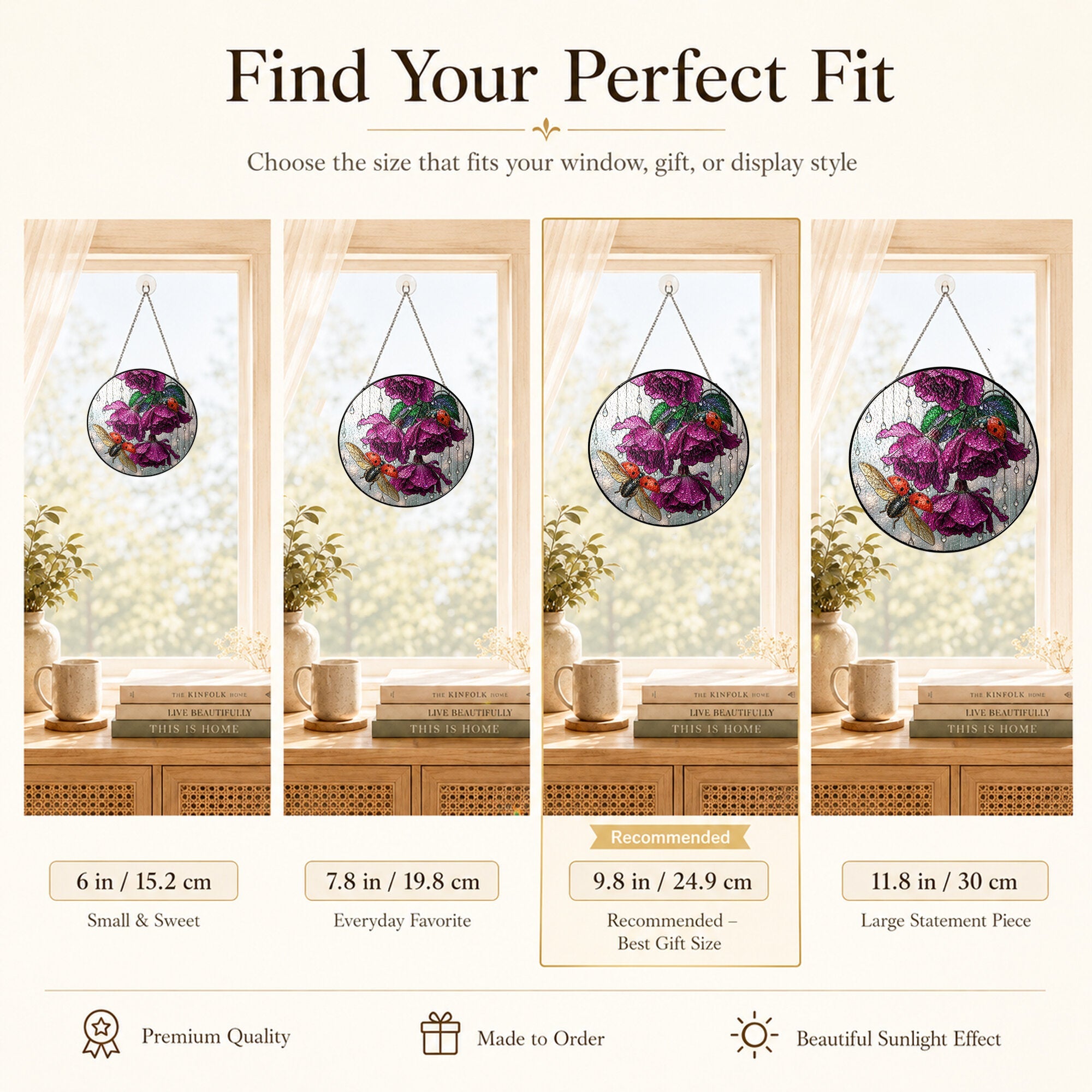 Ladybug & Magenta Roses Stained Glass Suncatcher