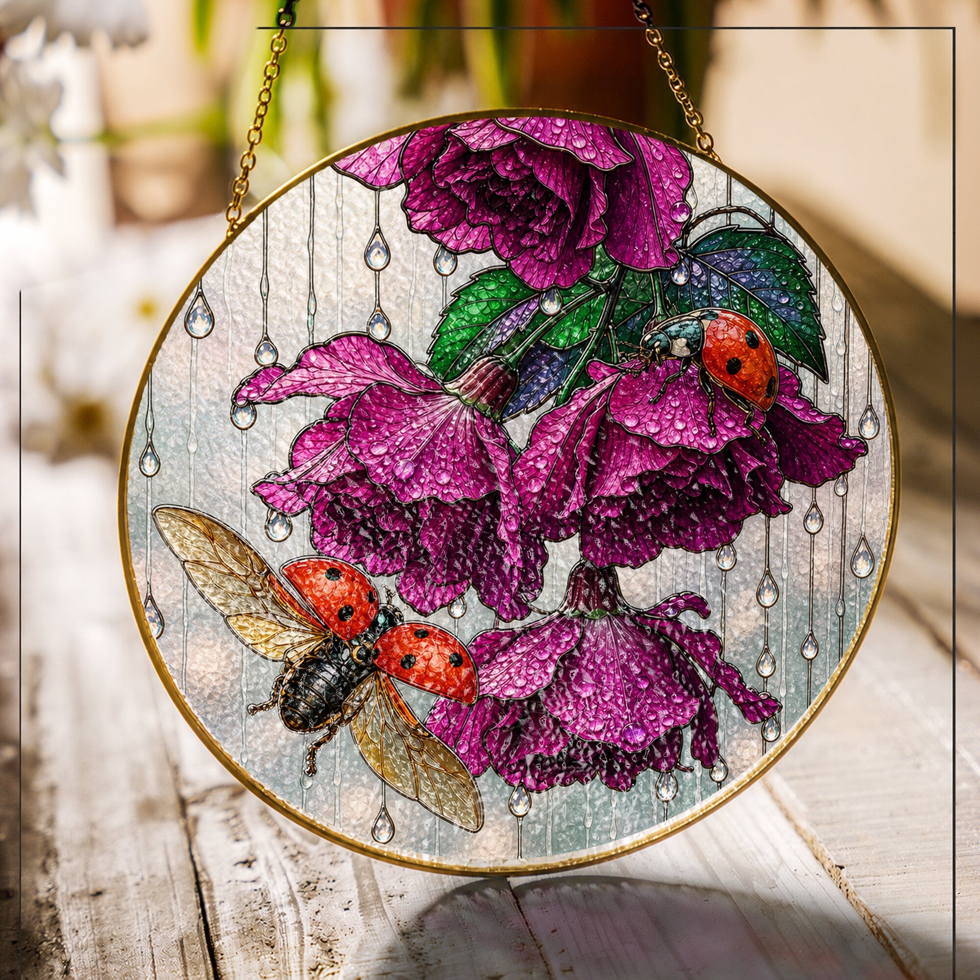 Ladybug & Magenta Roses Stained Glass Suncatcher