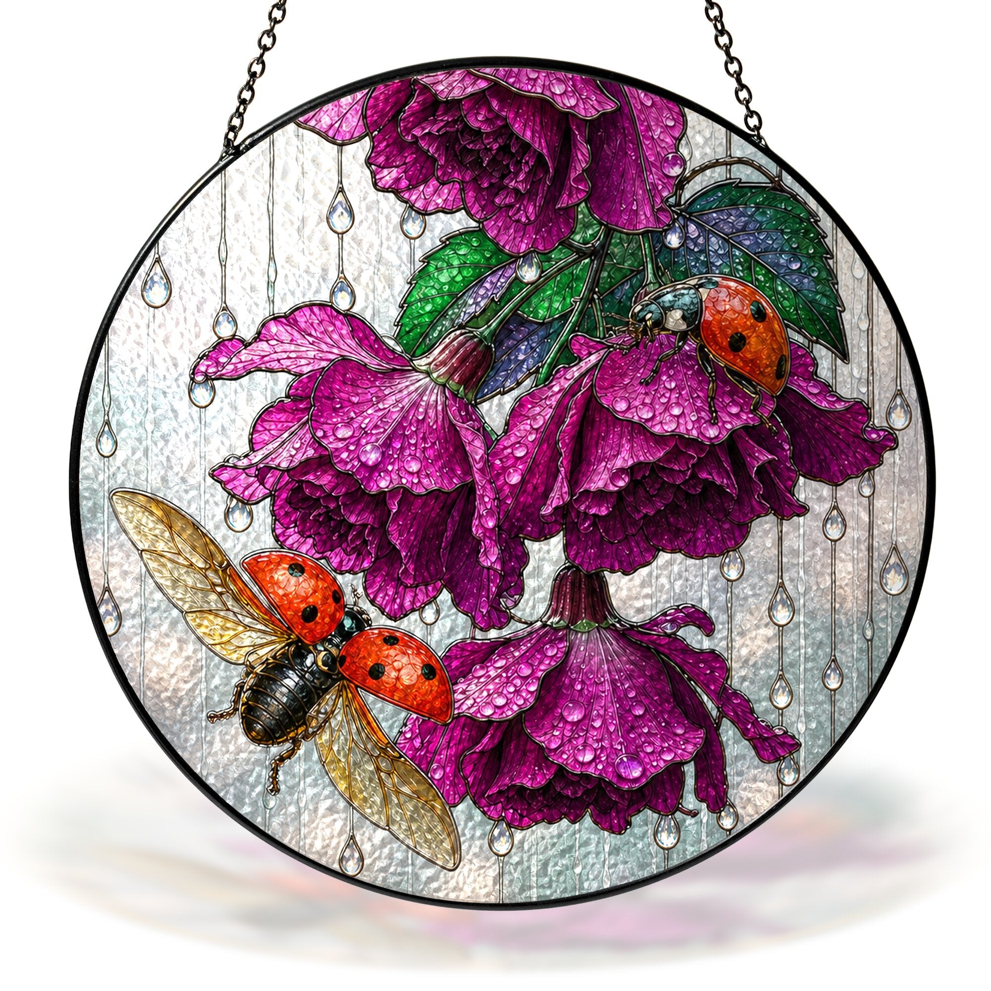 Ladybug & Magenta Roses Stained Glass Suncatcher