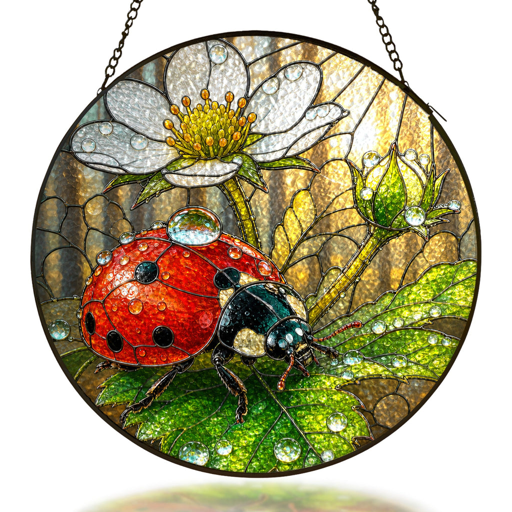 Ladybug on a white wild rose stained glass suncatcher