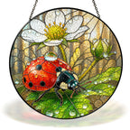 Ladybug on White Wild Rose Stained Glass Suncatcher