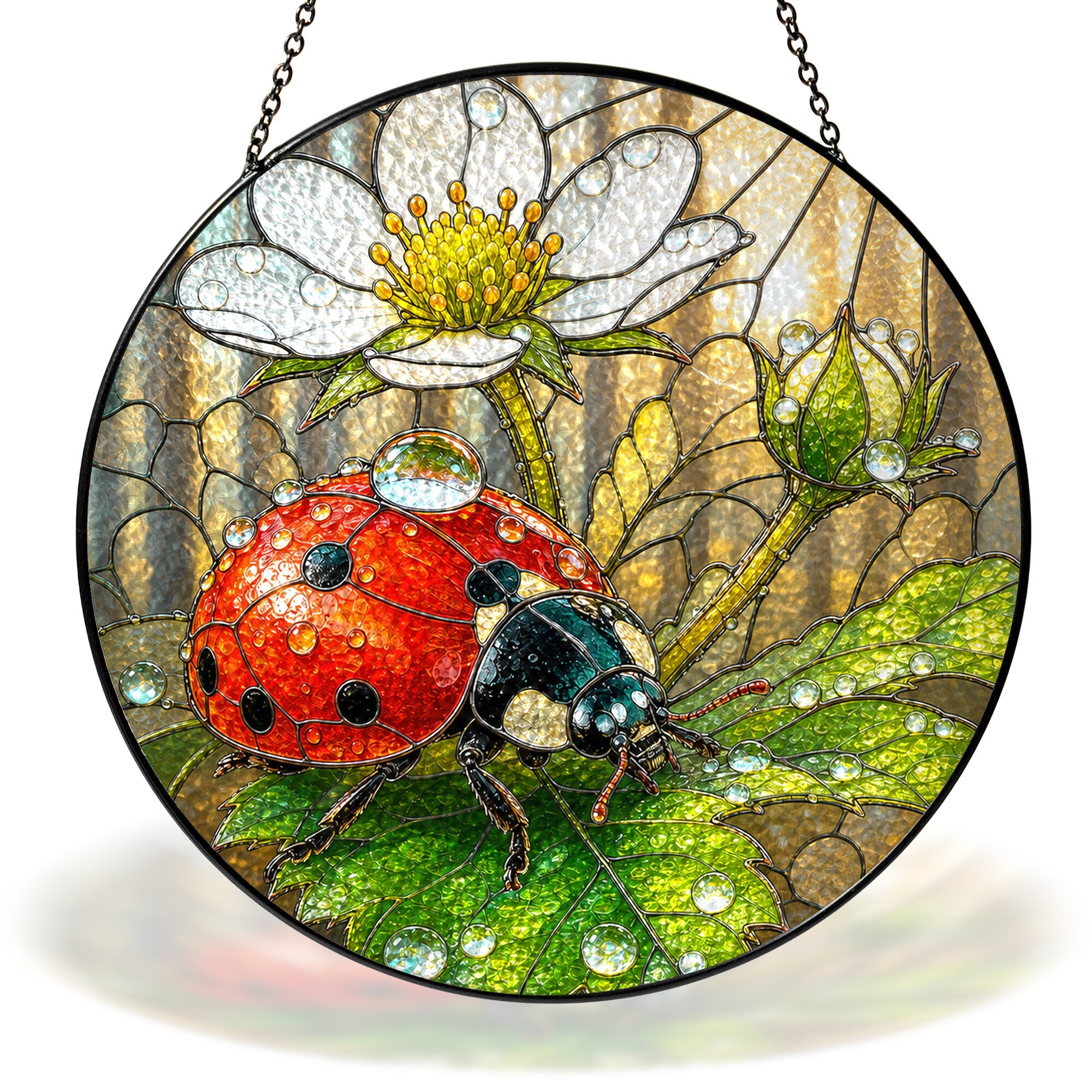 Ladybug on White Wild Rose Stained Glass Suncatcher