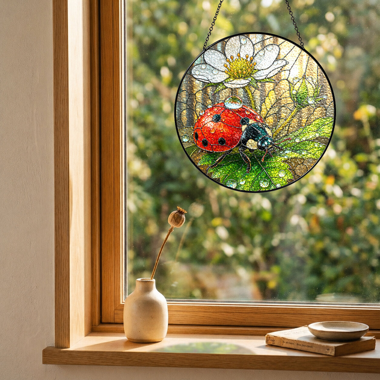 Ladybug on White Wild Rose Stained Glass Suncatcher