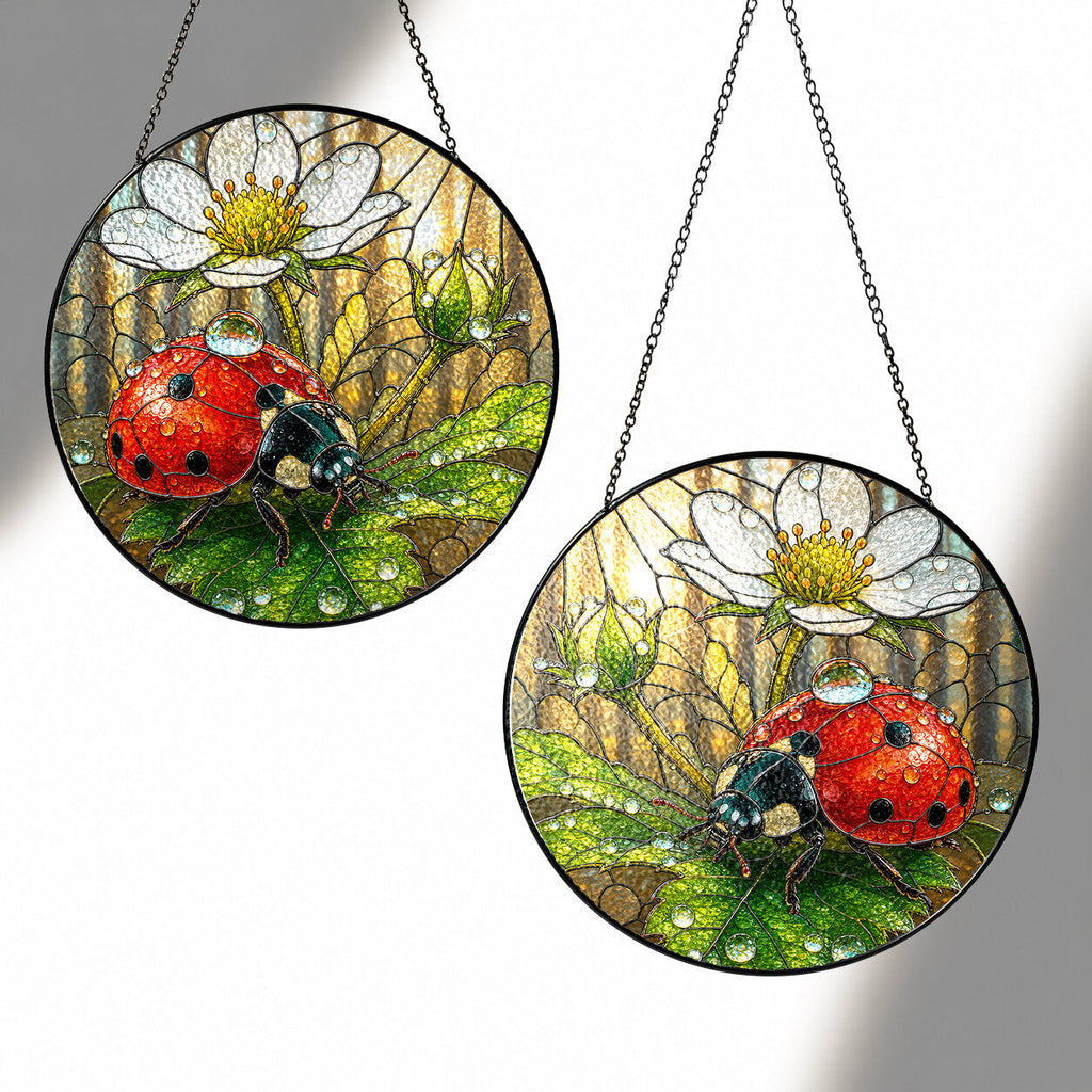 Ladybug on White Wild Rose Stained Glass Suncatcher