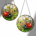 Ladybug on White Wild Rose Stained Glass Suncatcher