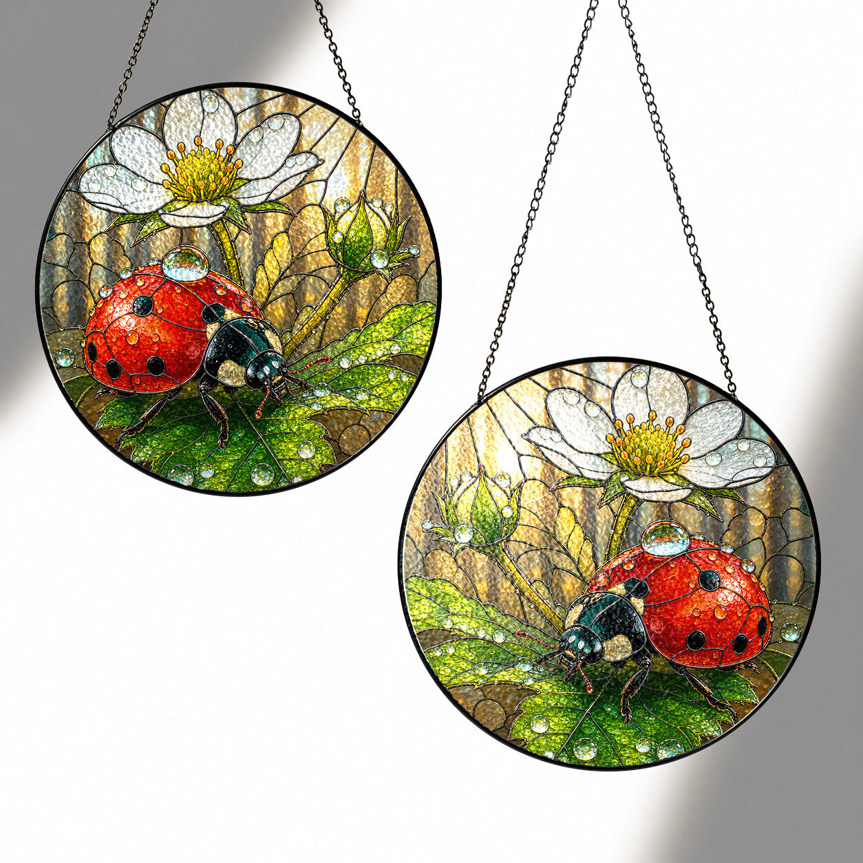 Ladybug on White Wild Rose Stained Glass Suncatcher