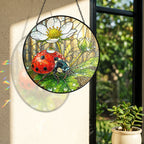 Ladybug on White Wild Rose Stained Glass Suncatcher