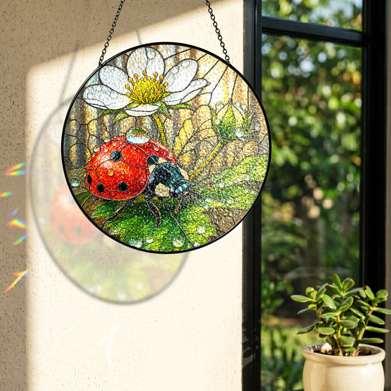 Ladybug on White Wild Rose Stained Glass Suncatcher