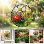 Ladybug on White Wild Rose Stained Glass Suncatcher
