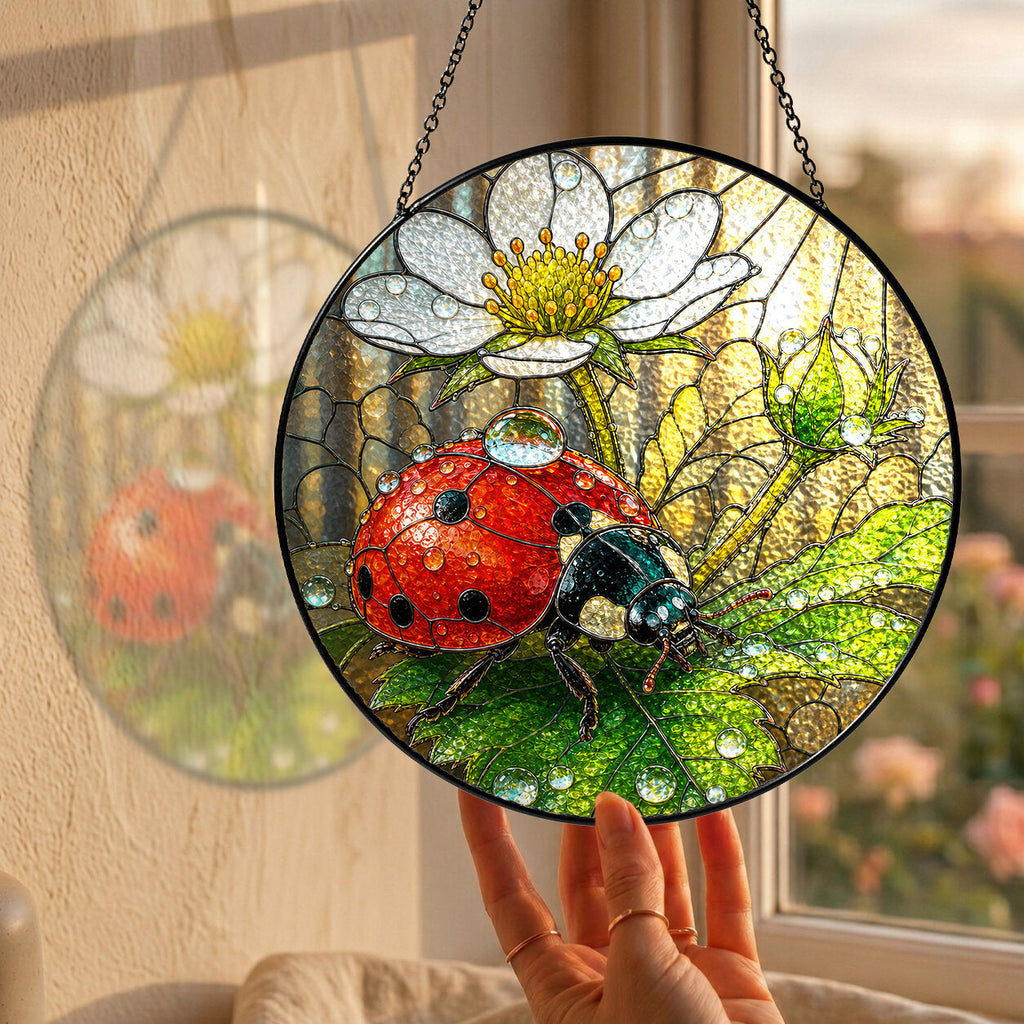 Ladybug on White Wild Rose Stained Glass Suncatcher