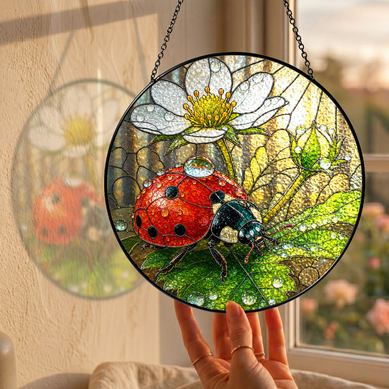 Ladybug on White Wild Rose Stained Glass Suncatcher