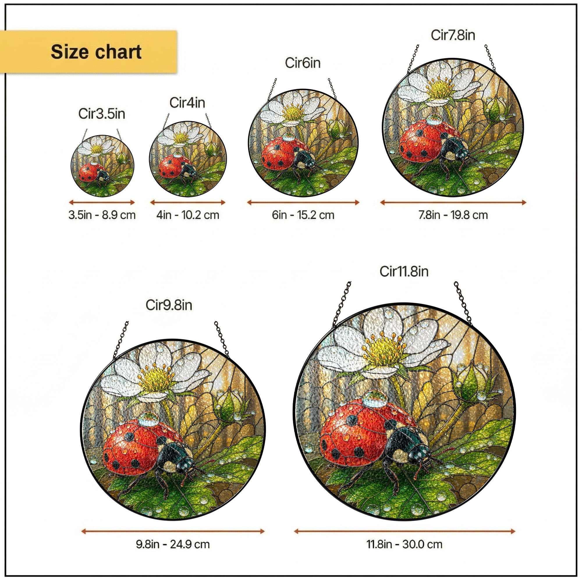 Ladybug on White Wild Rose Stained Glass Suncatcher