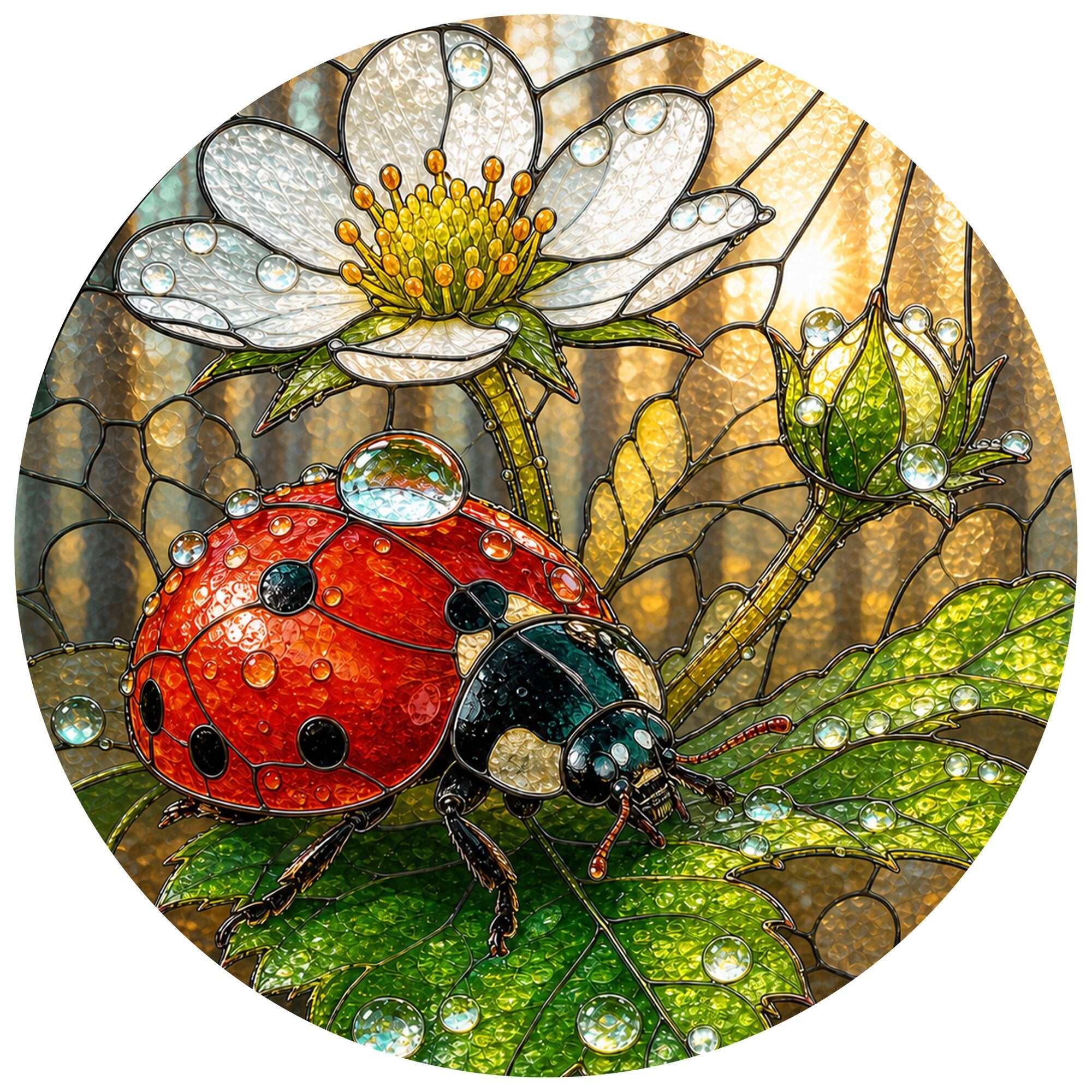 Ladybug on White Wild Rose Stained Glass Suncatcher