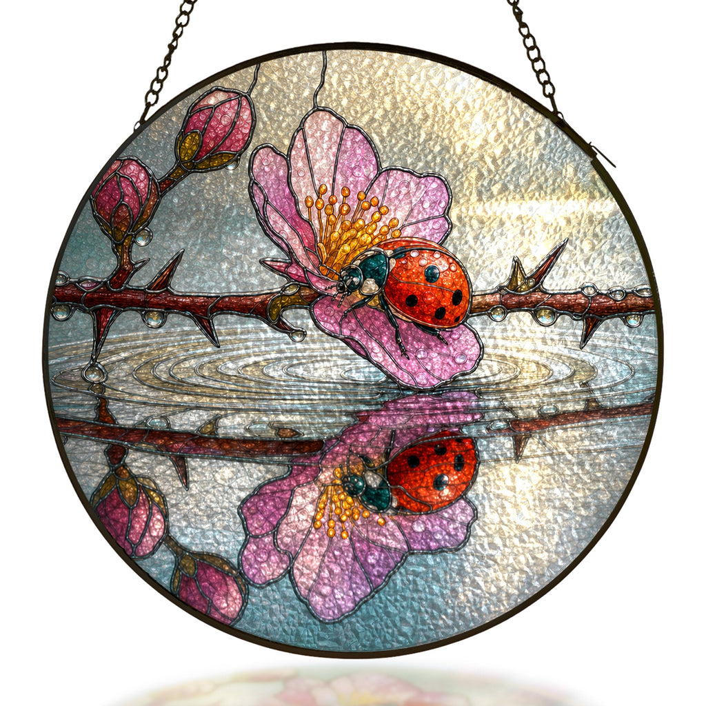 Ladybugs and cherry blossom reflection stained glass suncatcher