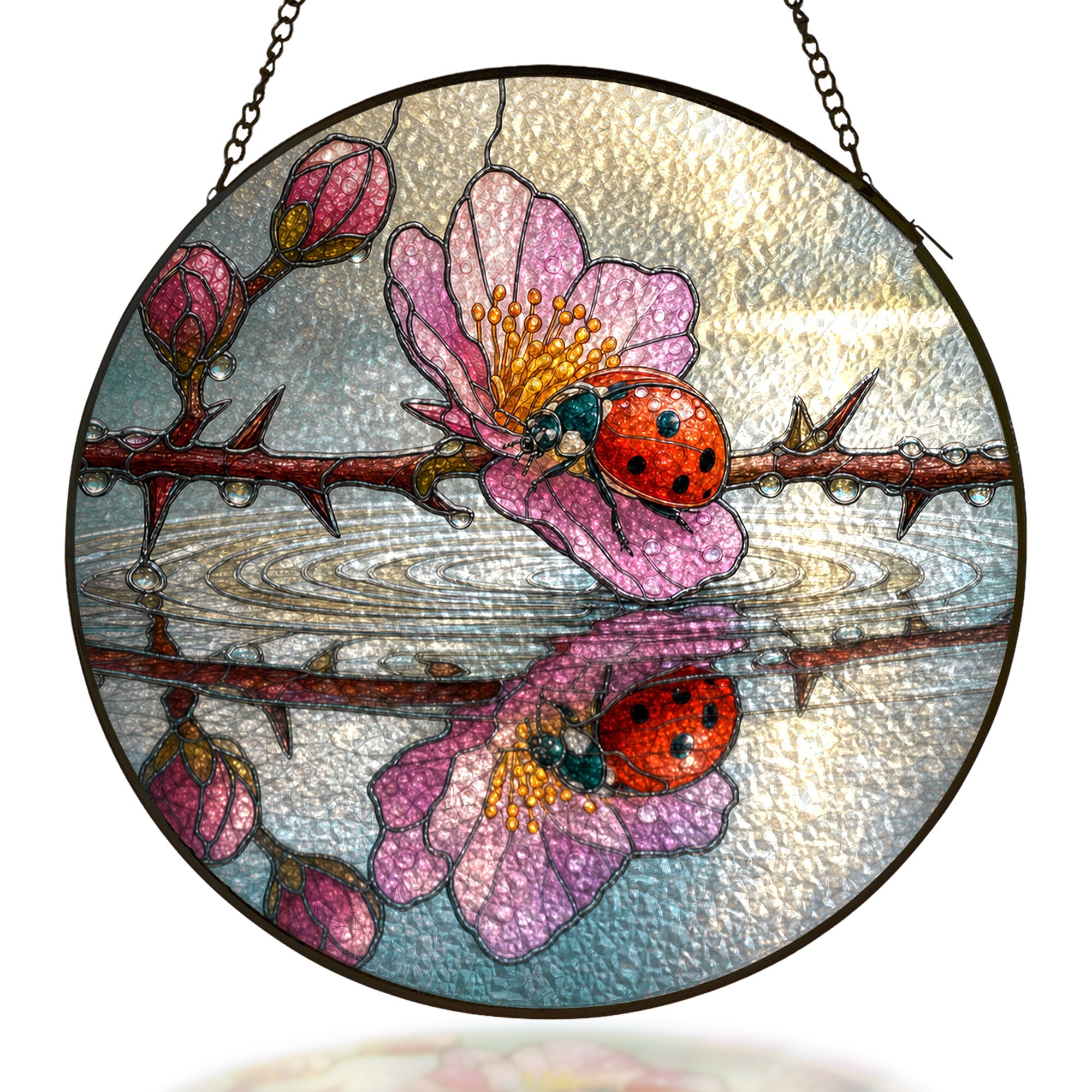 Ladybugs and cherry blossom reflection stained glass suncatcher