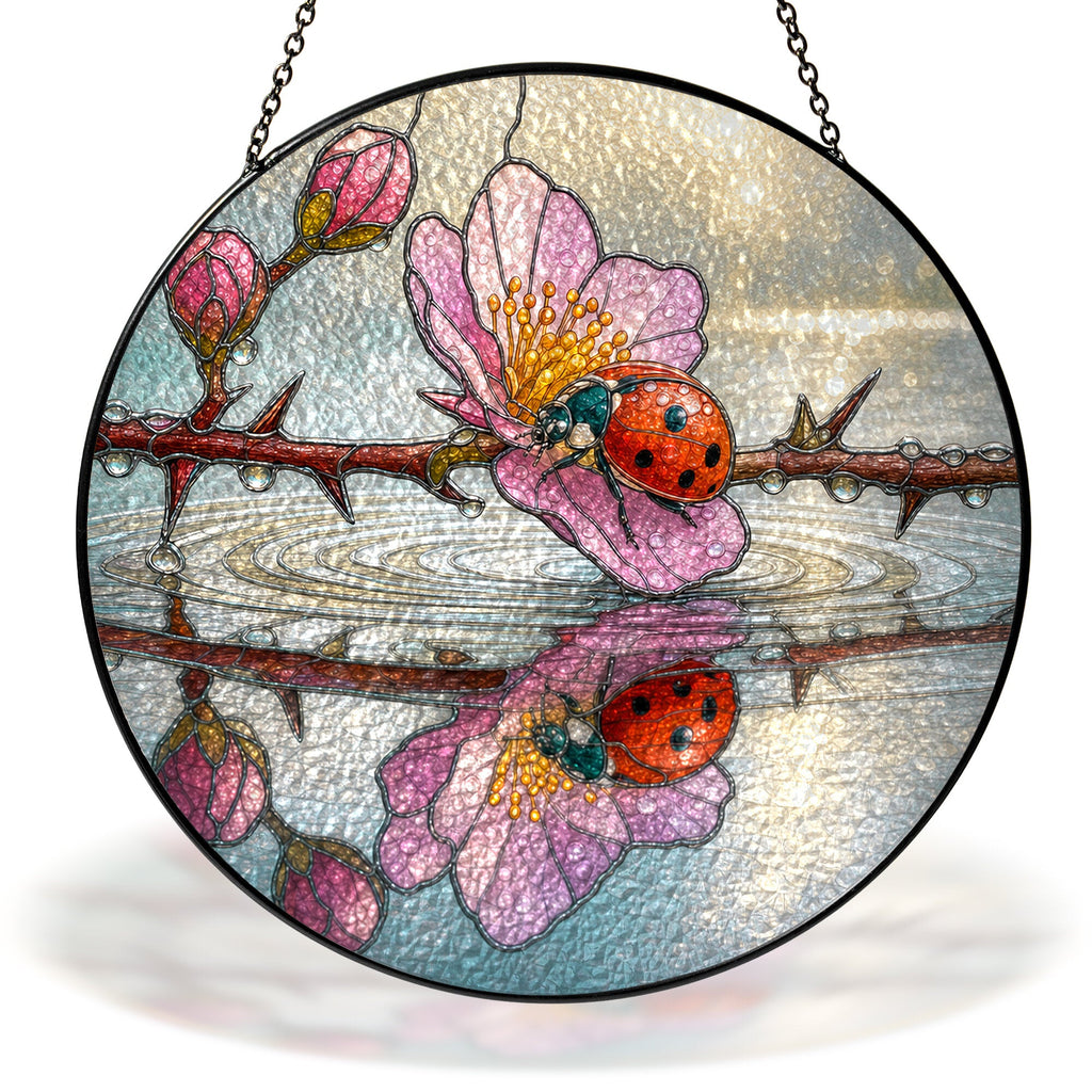 Ladybugs & Cherry Blossom Reflection Stained Glass Suncatcher