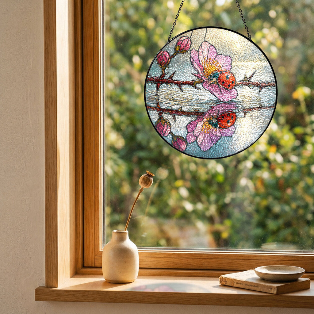 Ladybugs & Cherry Blossom Reflection Stained Glass Suncatcher