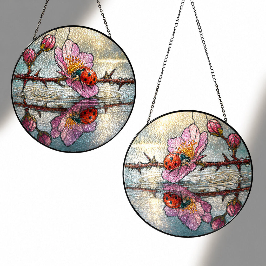 Ladybugs & Cherry Blossom Reflection Stained Glass Suncatcher