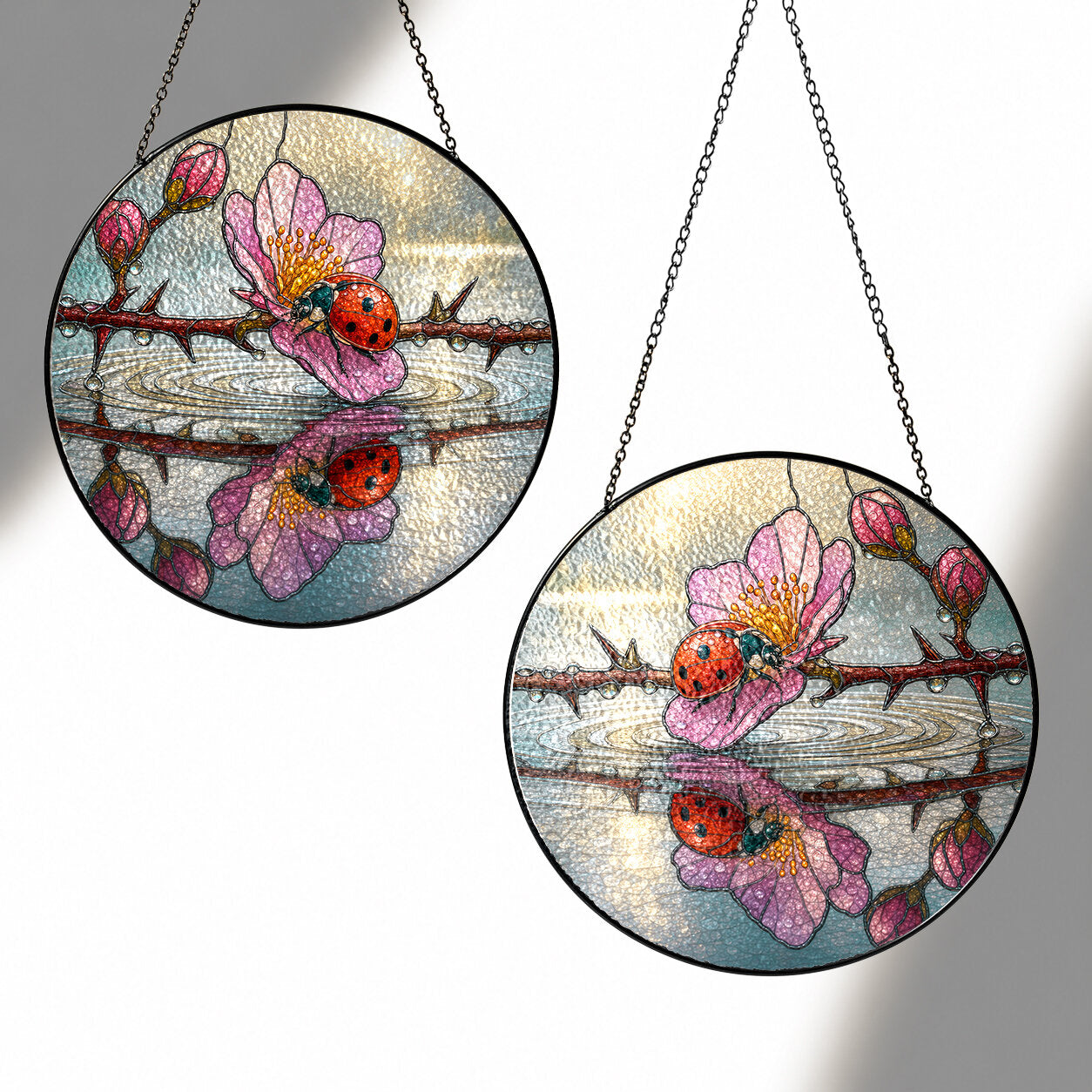 Ladybugs & Cherry Blossom Reflection Stained Glass Suncatcher