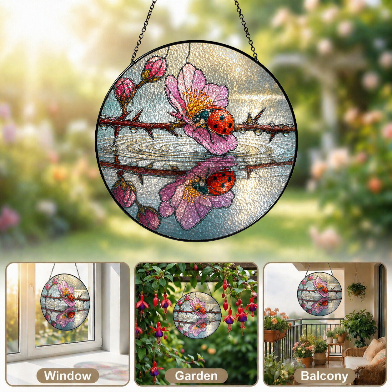 Ladybugs & Cherry Blossom Reflection Stained Glass Suncatcher