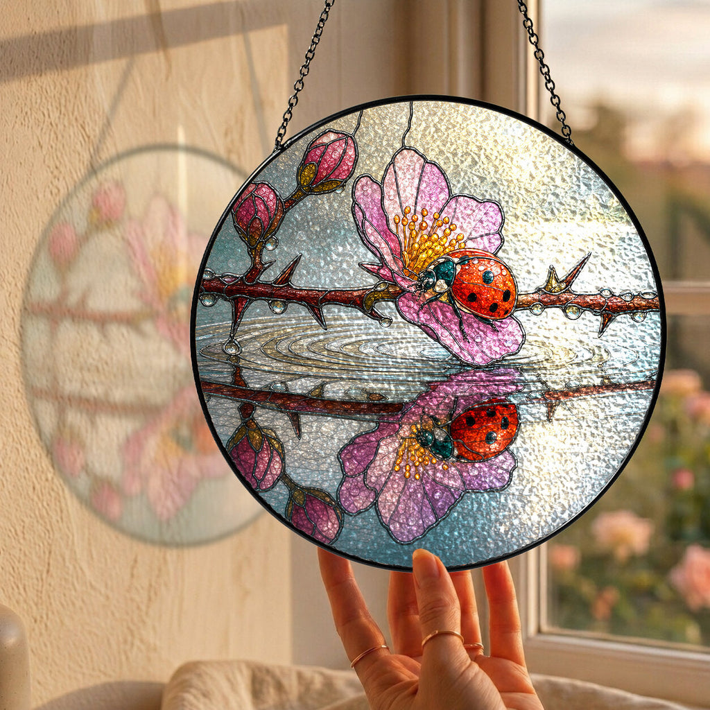 Ladybugs & Cherry Blossom Reflection Stained Glass Suncatcher