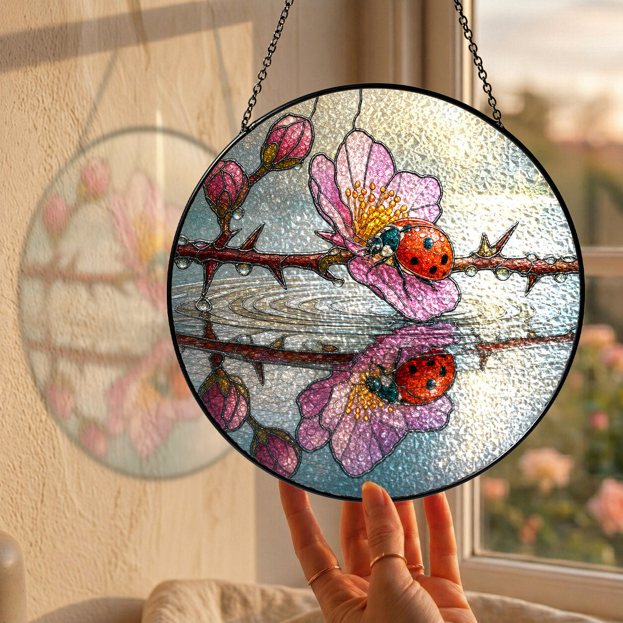 Ladybugs & Cherry Blossom Reflection Stained Glass Suncatcher