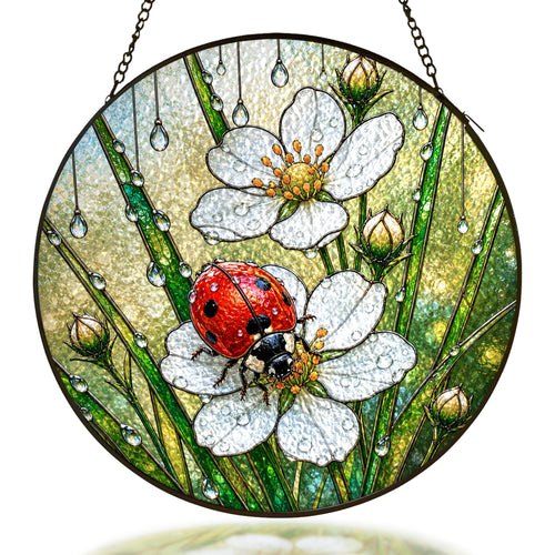 Ladybug and strawberry blossom stained glass suncatcher