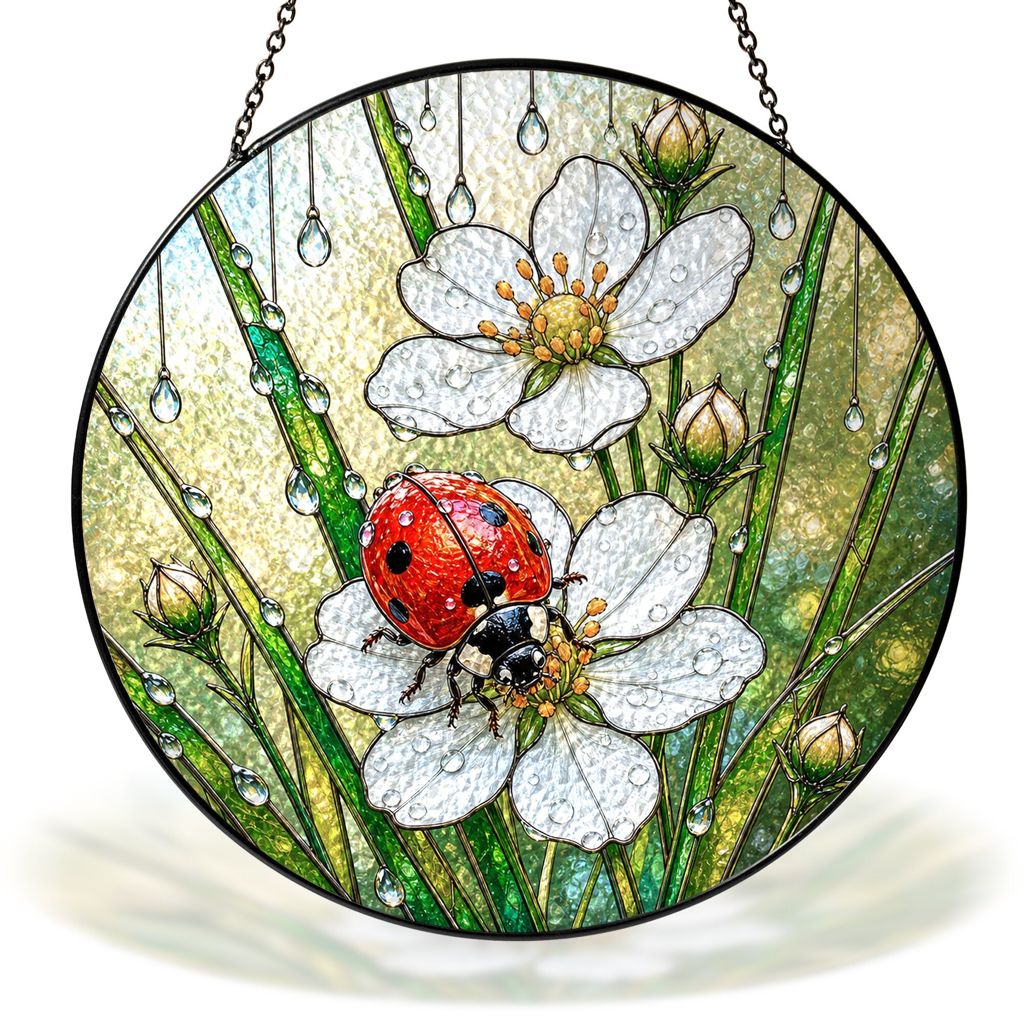 Ladybug & Strawberry Blossom Stained Glass Suncatcher