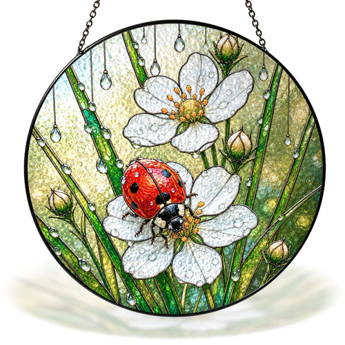 Ladybug & Strawberry Blossom Stained Glass Suncatcher