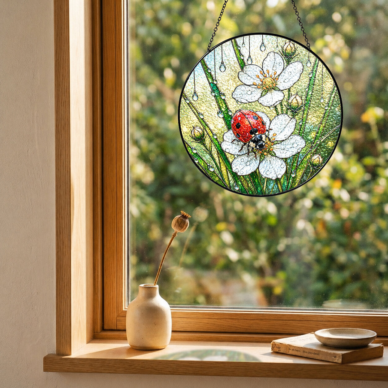 Ladybug & Strawberry Blossom Stained Glass Suncatcher