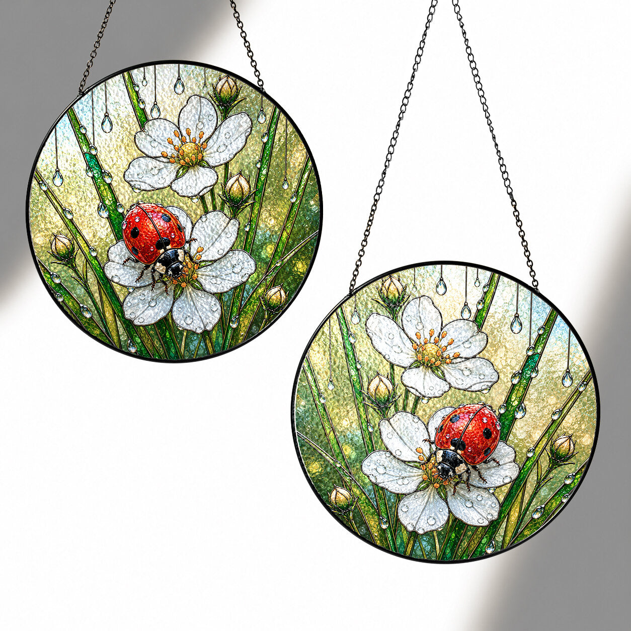 Ladybug & Strawberry Blossom Stained Glass Suncatcher