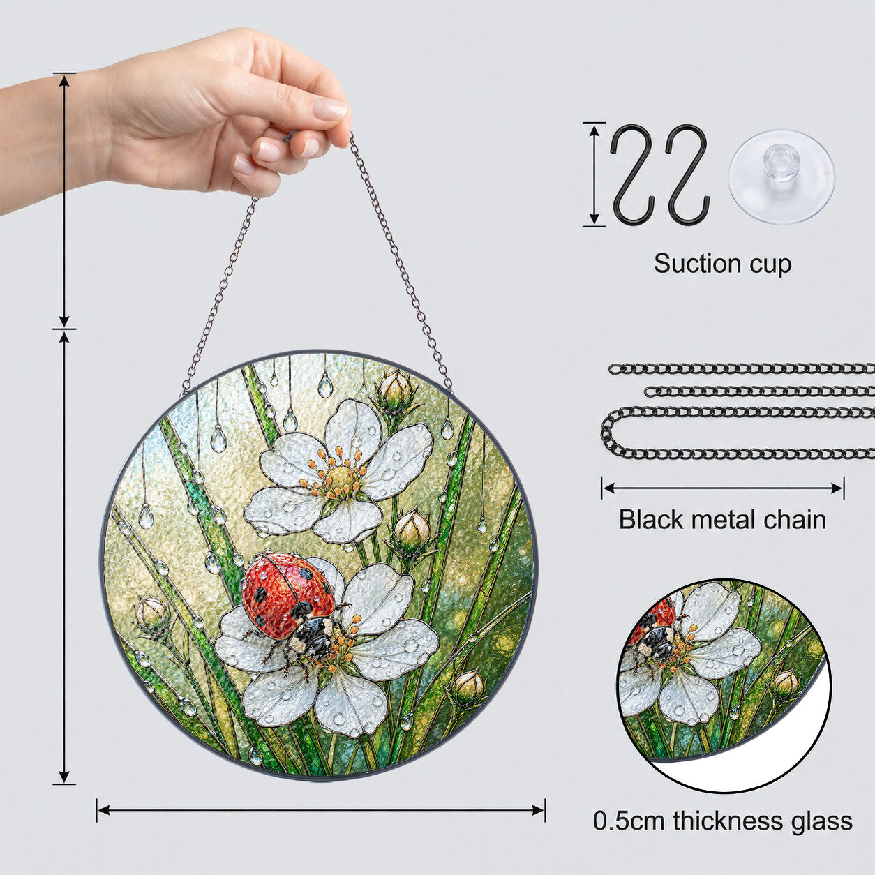 Ladybug & Strawberry Blossom Stained Glass Suncatcher