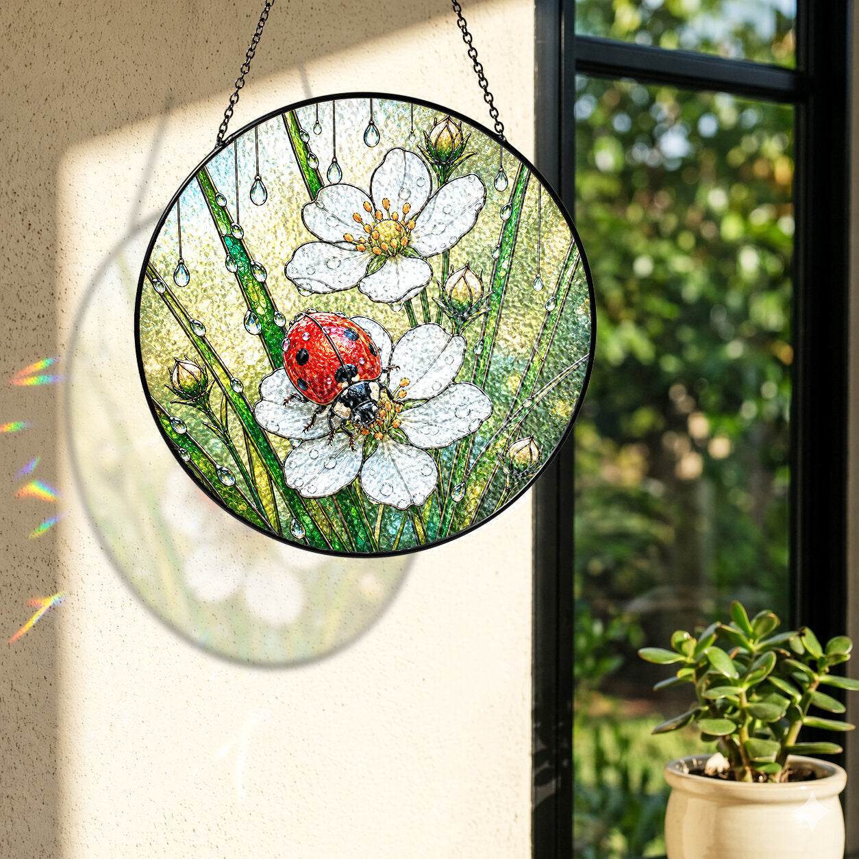Ladybug & Strawberry Blossom Stained Glass Suncatcher