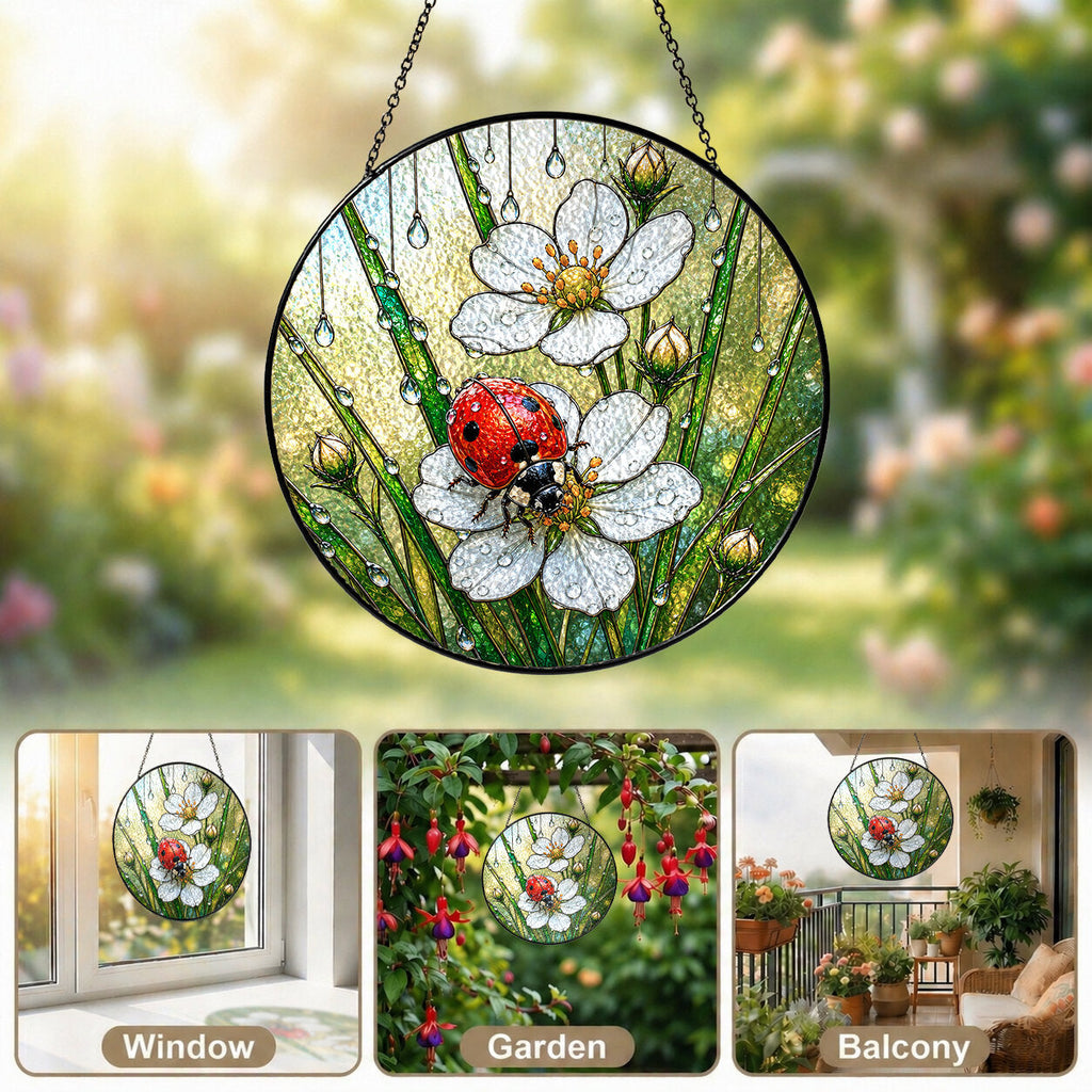 Ladybug & Strawberry Blossom Stained Glass Suncatcher