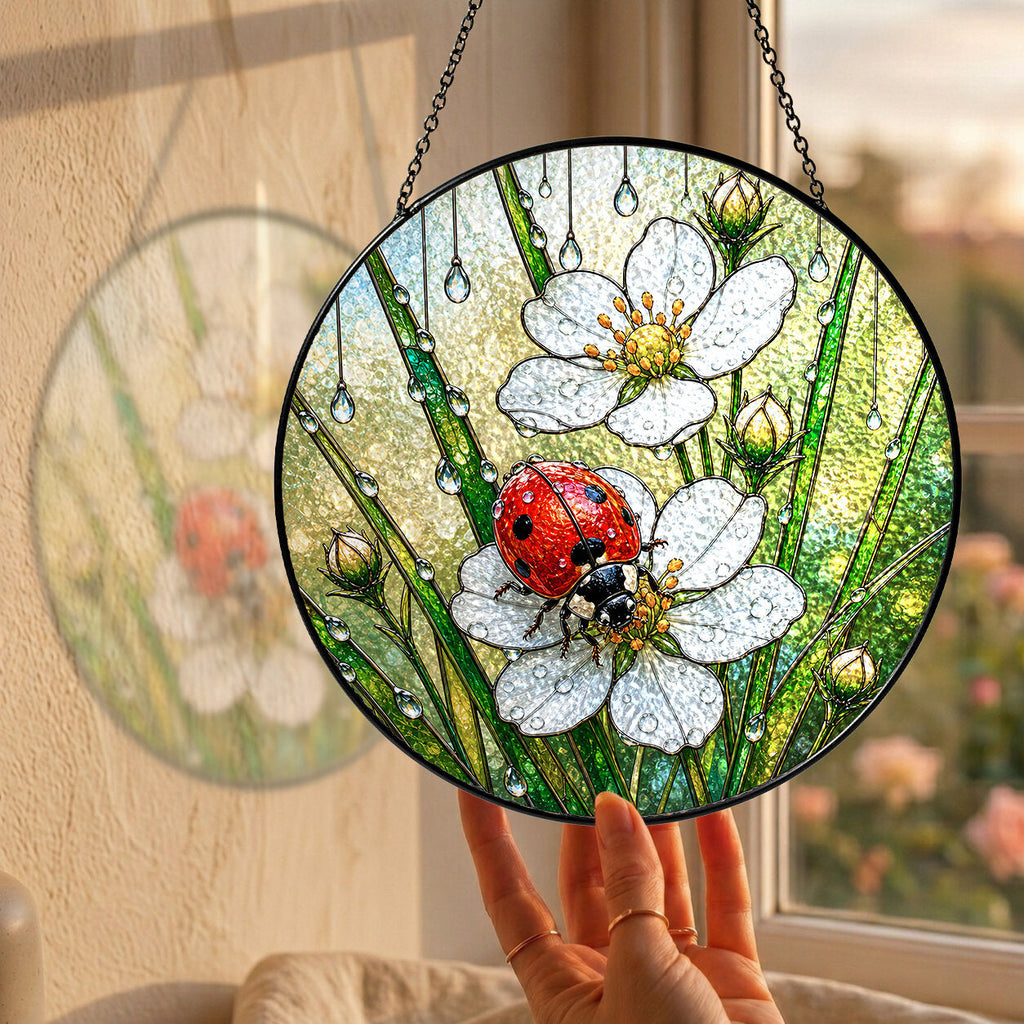 Ladybug & Strawberry Blossom Stained Glass Suncatcher