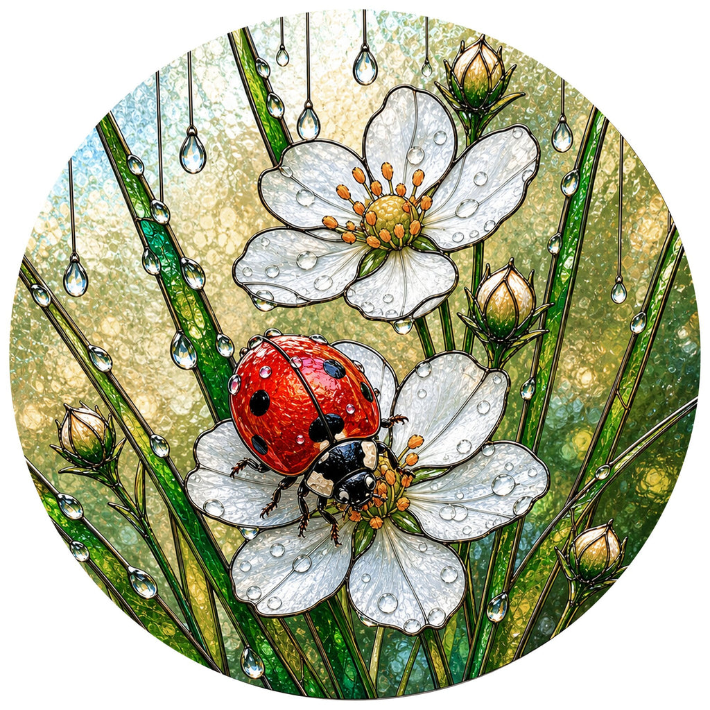 Ladybug & Strawberry Blossom Stained Glass Suncatcher
