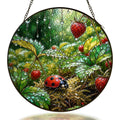 Ladybug in a dewy strawberry patch stained glass suncatcher