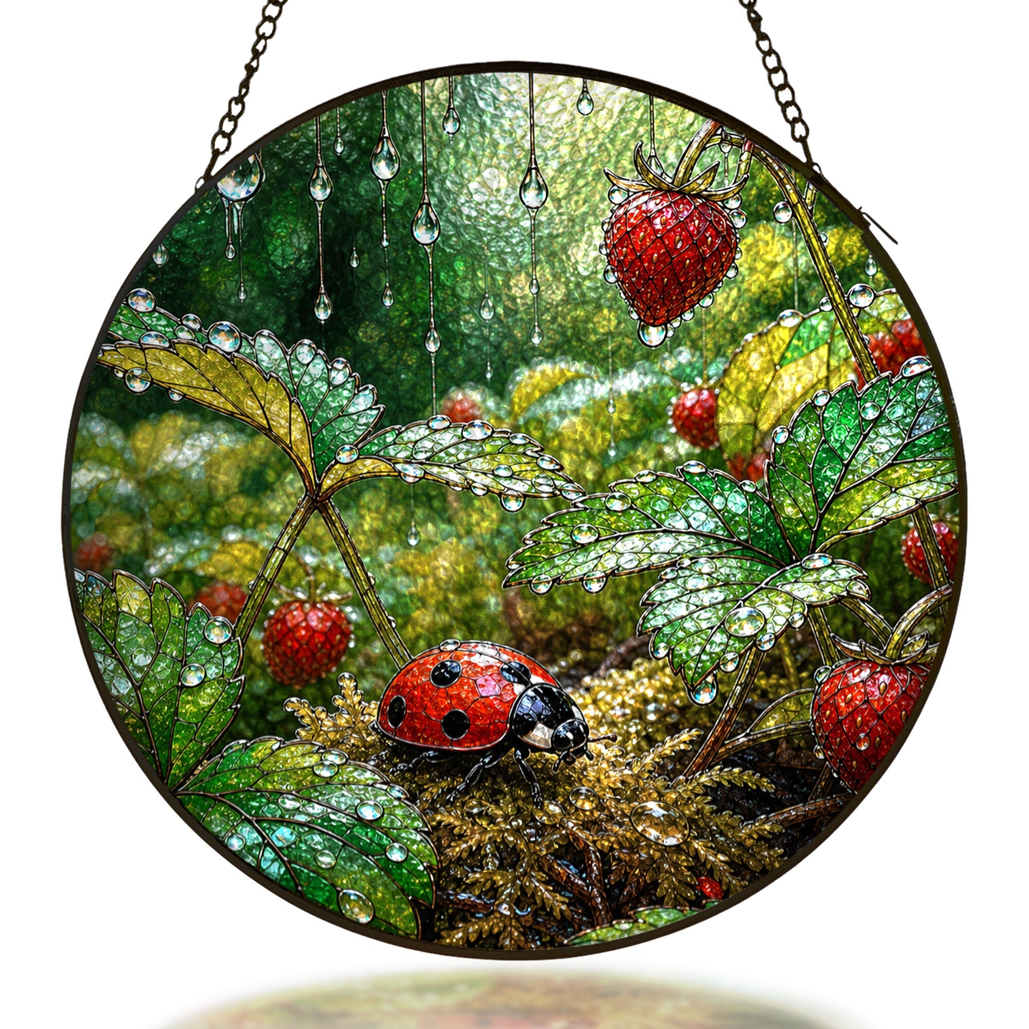 Ladybug in a dewy strawberry patch stained glass suncatcher