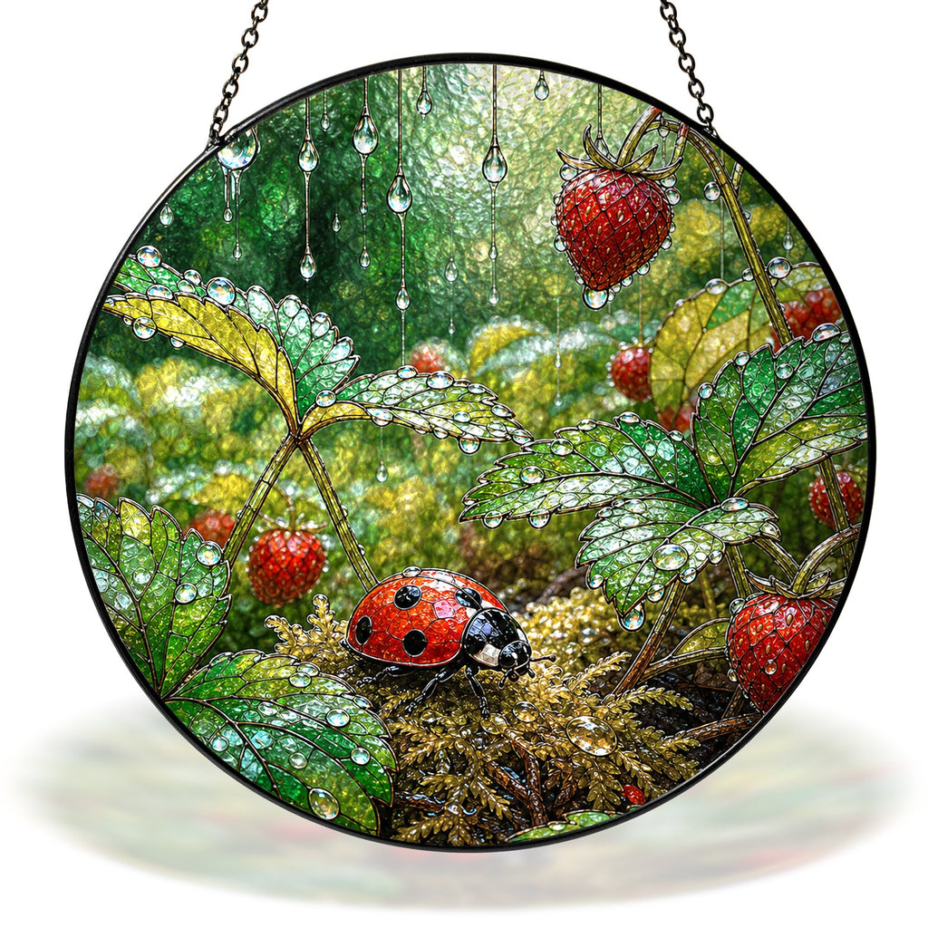 Ladybug in the Strawberry Patch Stained Glass Suncatcher
