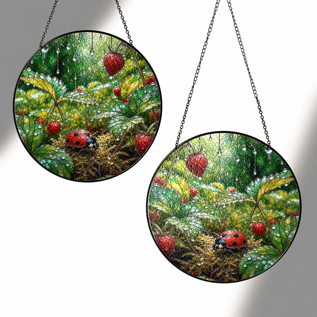 Ladybug in the Strawberry Patch Stained Glass Suncatcher