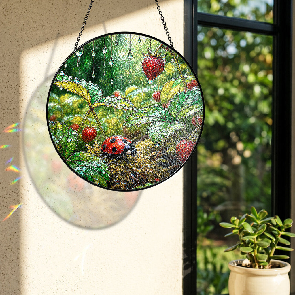 Ladybug in the Strawberry Patch Stained Glass Suncatcher