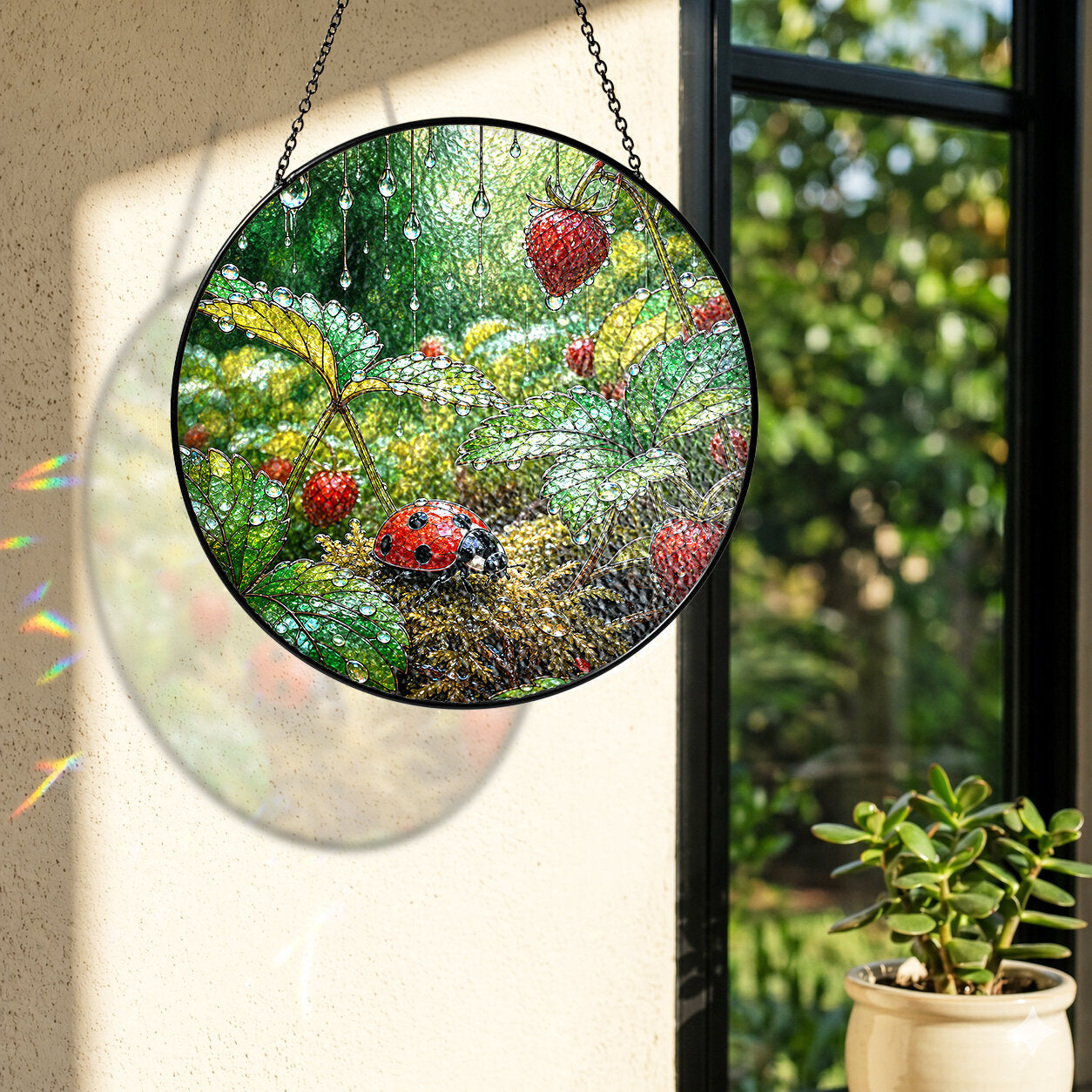 Ladybug in the Strawberry Patch Stained Glass Suncatcher