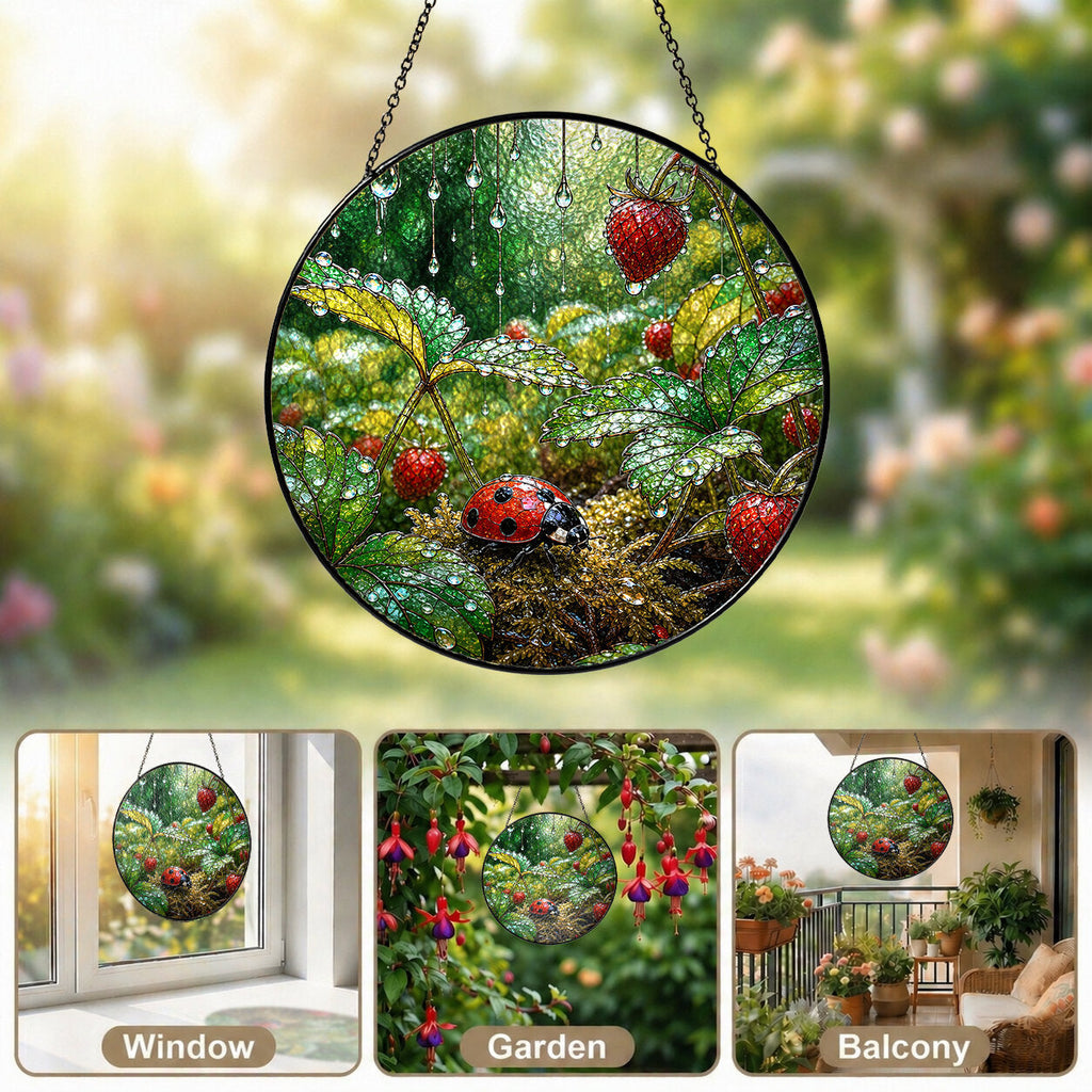 Ladybug in the Strawberry Patch Stained Glass Suncatcher