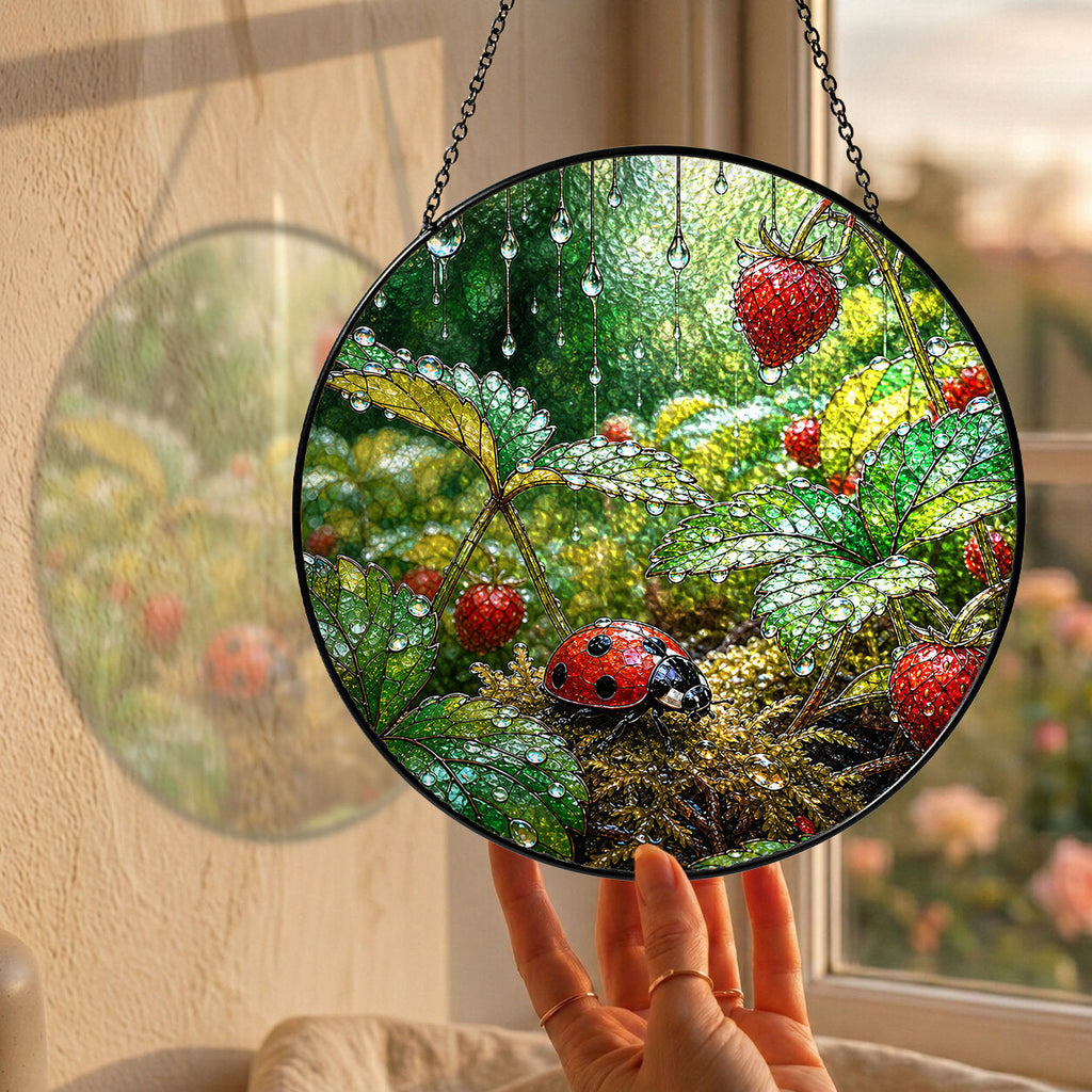 Ladybug in the Strawberry Patch Stained Glass Suncatcher