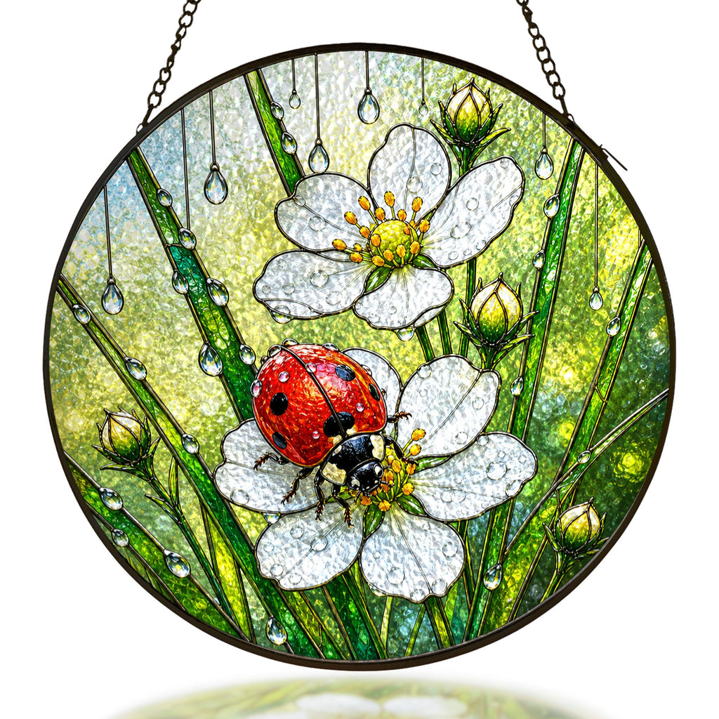 Ladybug and wild strawberry flower stained glass suncatcher