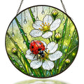 Ladybug and wild strawberry flower stained glass suncatcher