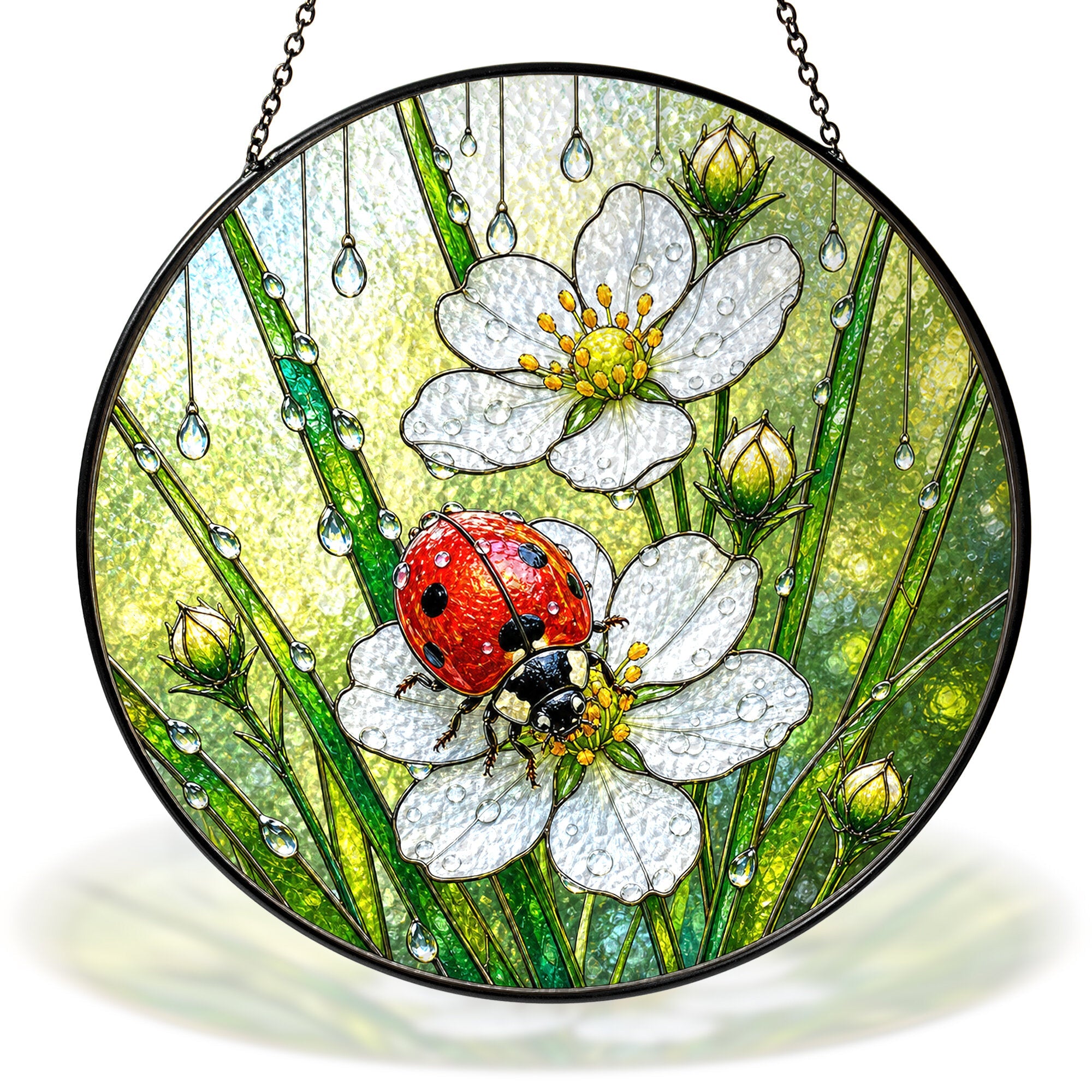 Ladybug & Wild Strawberry Flower Stained Glass Suncatcher